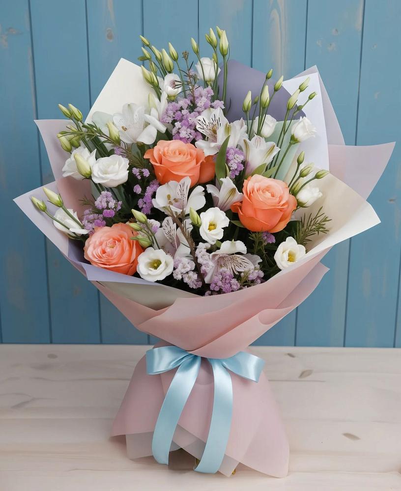 Букет цветов из: Лизиантусы, Розы, Альстромерии и Гипсофила в Центральный