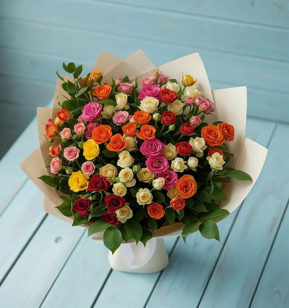 Букет Микс из разноцветных кустовых роз в Центральный