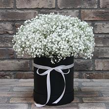 Цветочная композиция из Гипсофила в шляпной коробке в Центральный