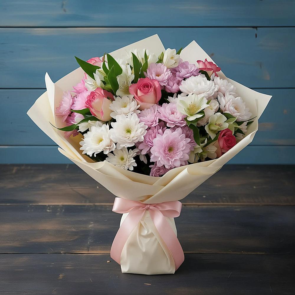 Букет цветов из: Хризантемы, Альстромерии и Розы в Центральный